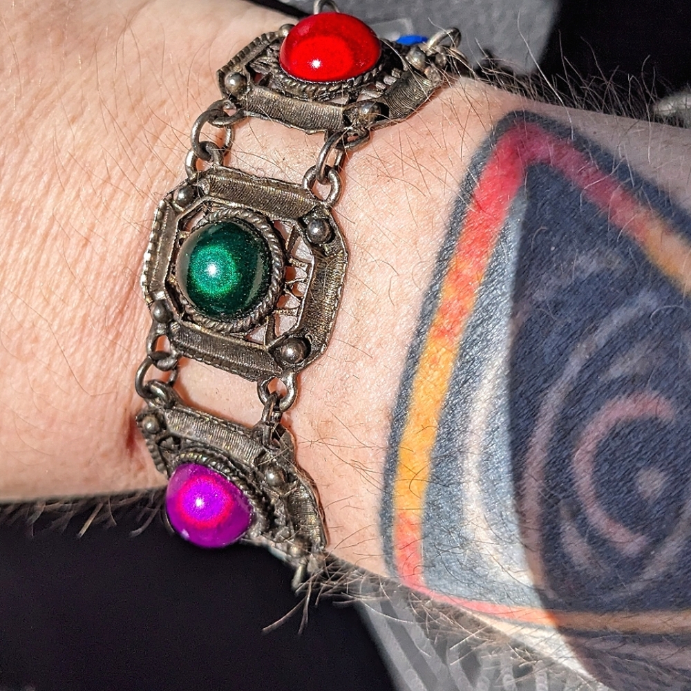 Gorgeous Vintage Panel Bracelet With Bubble Gum Rainbow Cabochons MCM